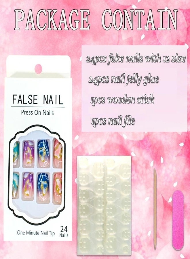 Vezocim Acrylic Square False Nails Sets, 24Pcs Pink Gradient Press on Nails Medium Coffin with Gold White Line Designs, Glossy Full Cover Artificial Fake Nails Glue Fingernails with Charm for Women - Image 4